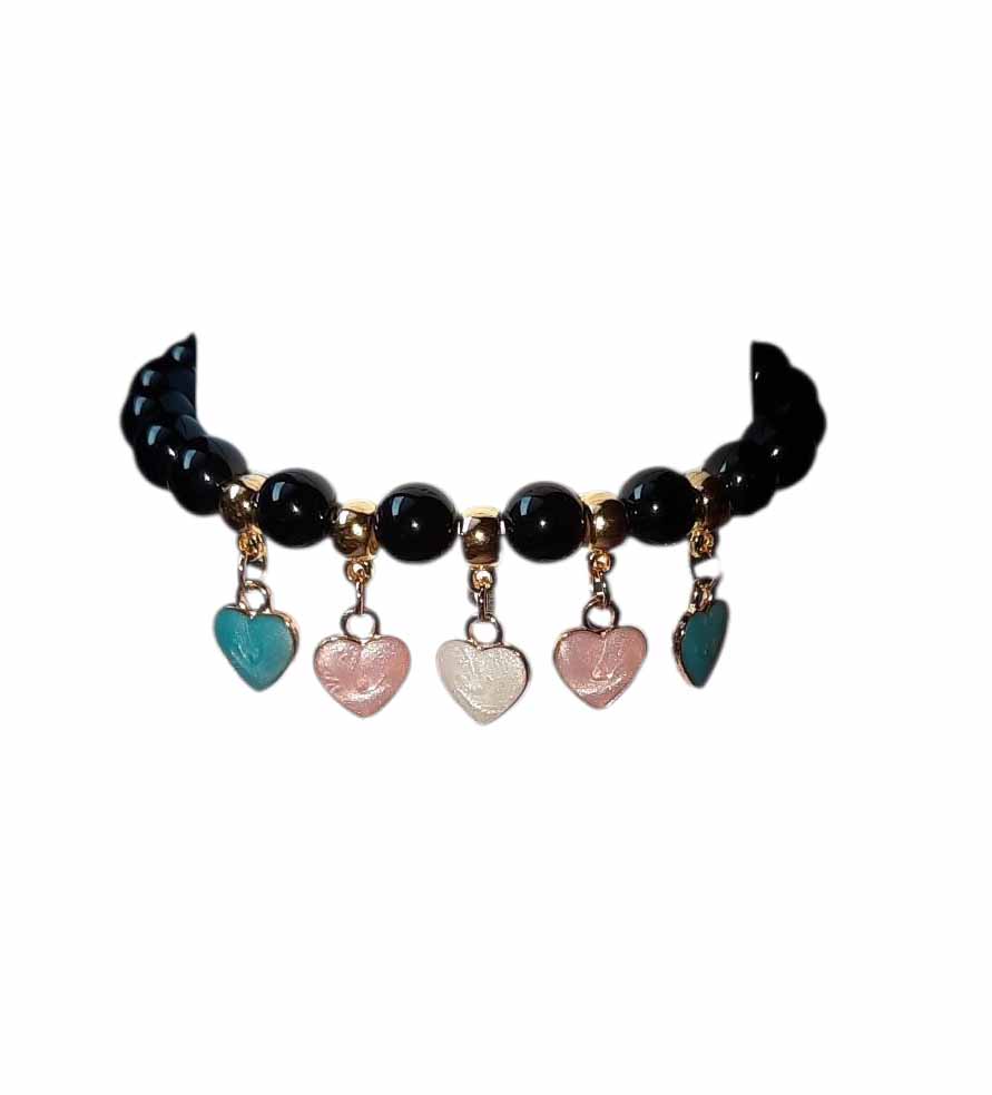 Onyx Beaded Bracelet with Heart Charms