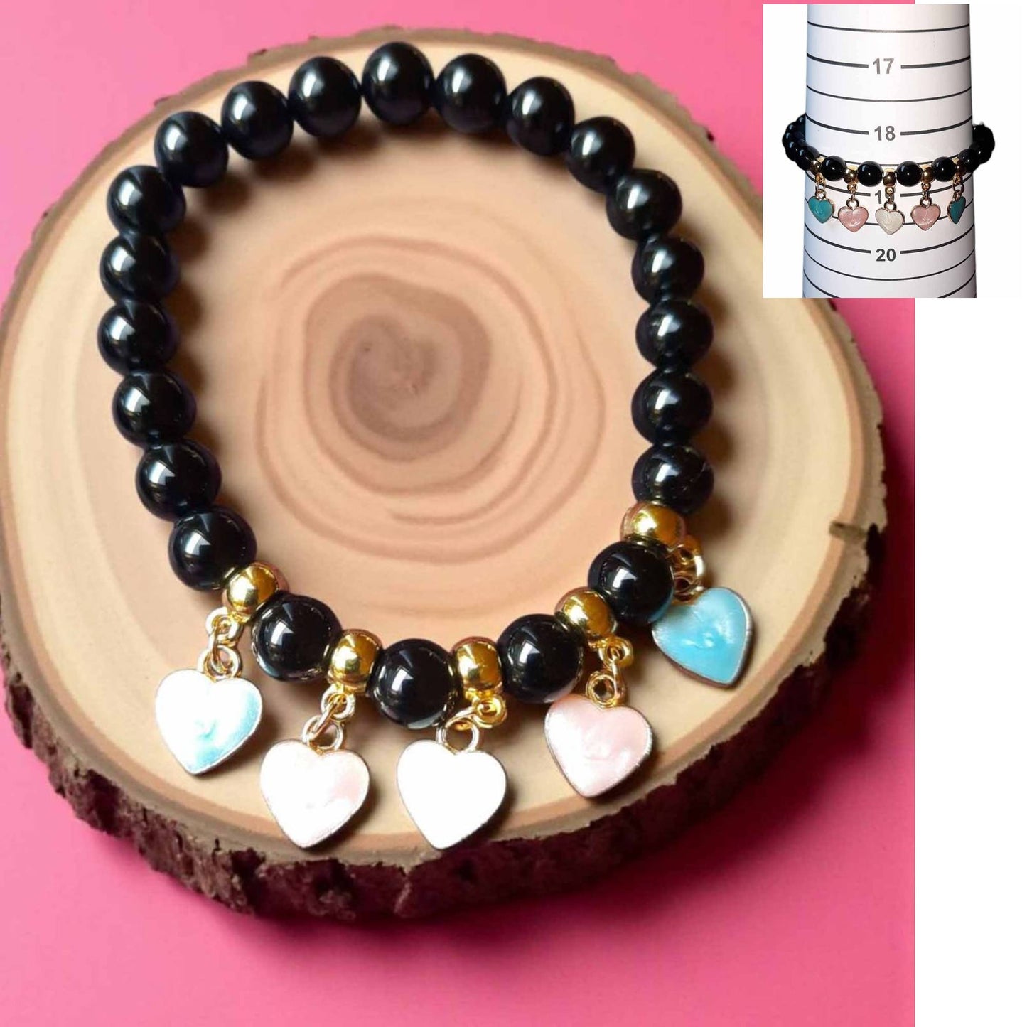 Onyx Beaded Bracelet with Heart Charms