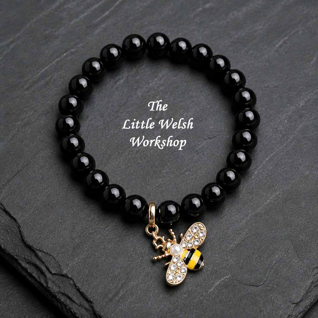 Black Agate Bracelet + Bee Charm