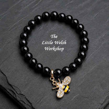 Black Agate Bracelet + Bee Charm