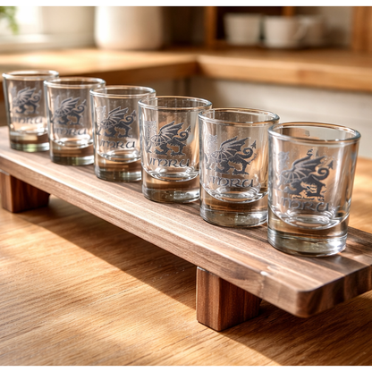 6 Welsh Dragon Shot Glasses in Stand