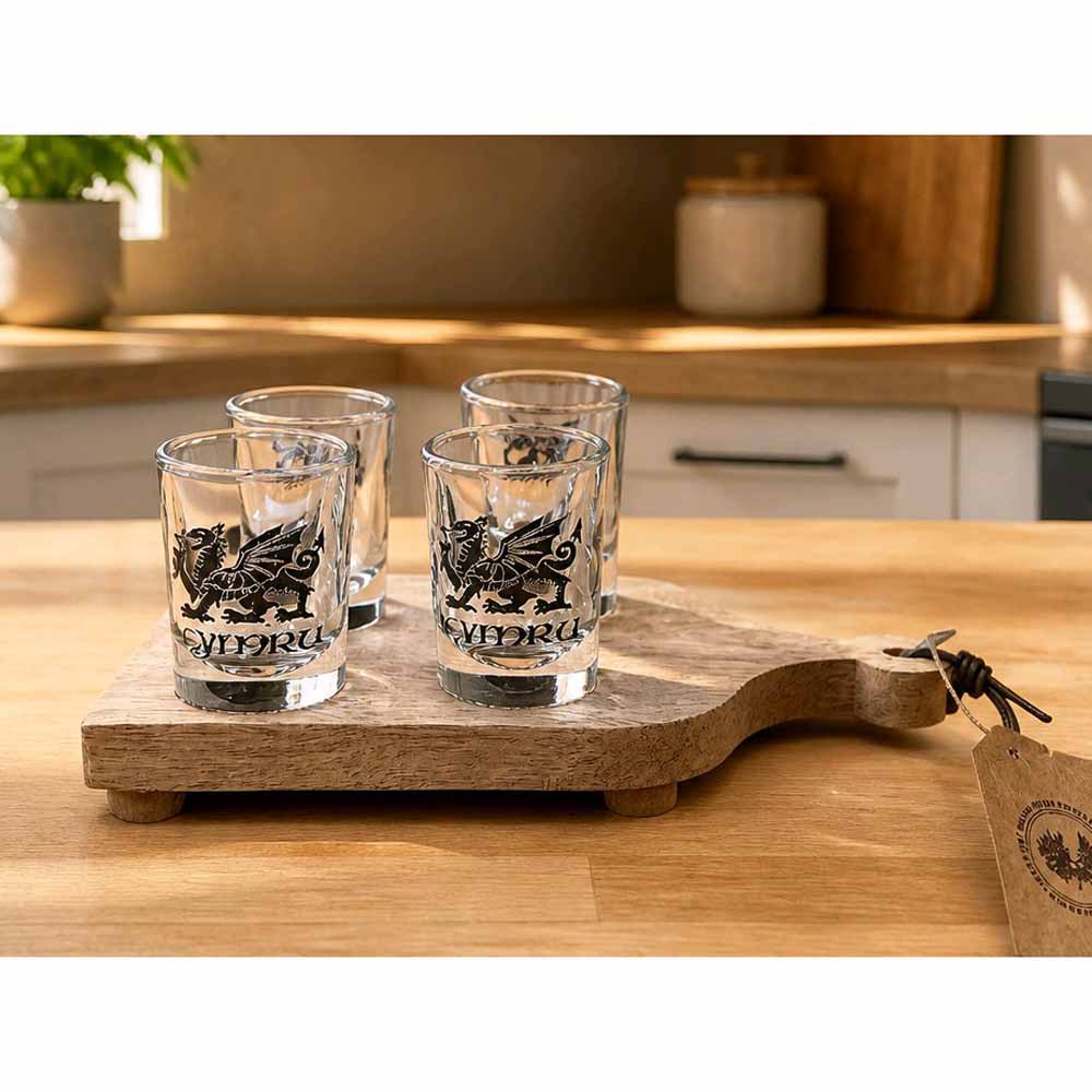 4 Welsh Dragon Shot Glasses in Stand
