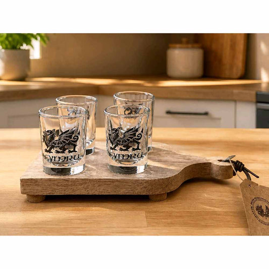 4 Welsh Dragon Shot Glasses in Stand