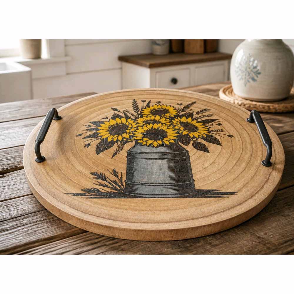 Large Wooden Tray - Sunflowers in Milk Churn