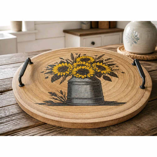 Large Wooden Tray - Sunflowers in Milk Churn