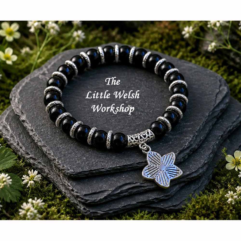 Black & Silver Bracelet with Flower Charm