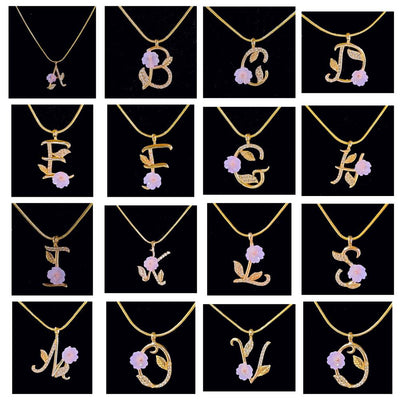 Initial Necklaces with Mauve Coloured Flower